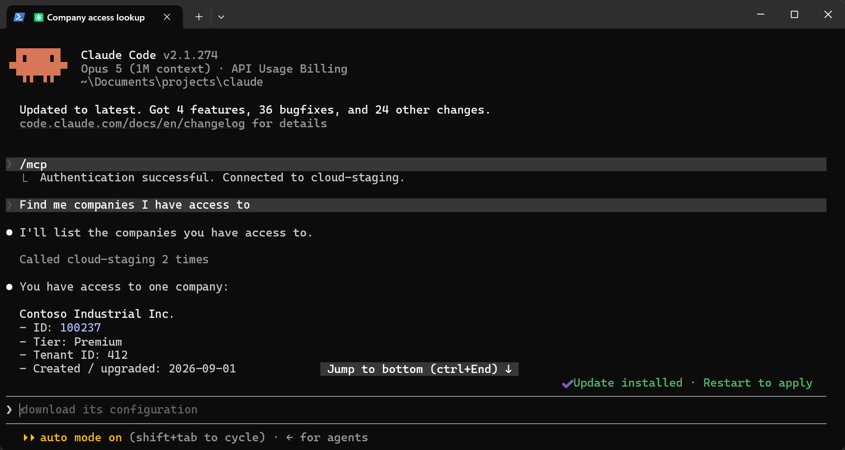 Connected MCP session in the Claude Code terminal